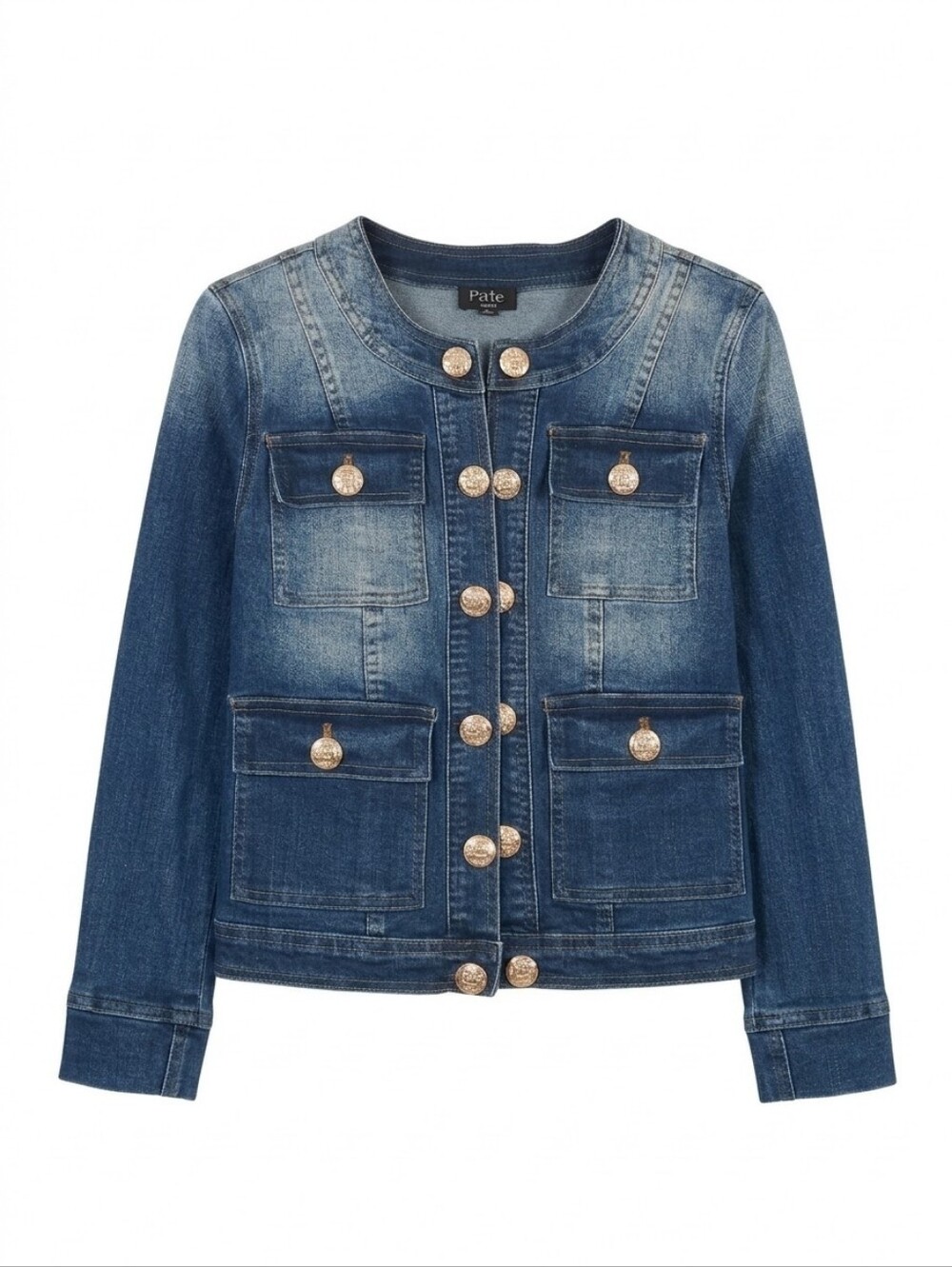 FATE Collarless Denim Jacket Gold Textured Buttons Women's Size Small